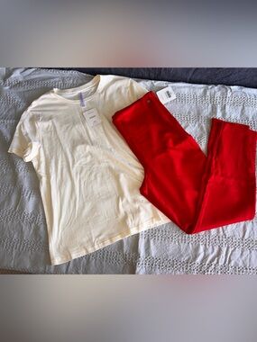 Cream Short Sleeve Tee + Bright Red Pants Set Fabletics